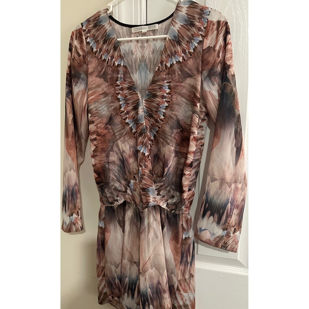 Johanne‎ Beck XS dress  Long Sleeve Brown Beige Abstract Print dress